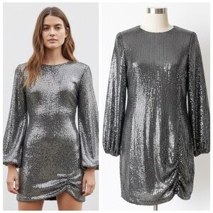 SAYLOR Polina Black Silver Sparkling Sequined Puff Sleeve Party Dress Size Small